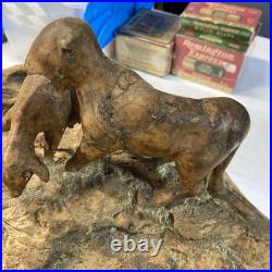 Vintage wood carving folk art Very Large. Tiger Hunting With Prey In Mouth