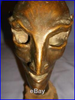 Vintagehideous/creepy/strange/ugly Human//alien Bronze Sculpture On Wood Base