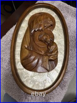 Virgin Mother Mary & Child Jesus Sculpture Vintage Wood Wall Plaque