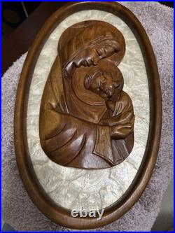 Virgin Mother Mary & Child Jesus Sculpture Vintage Wood Wall Plaque