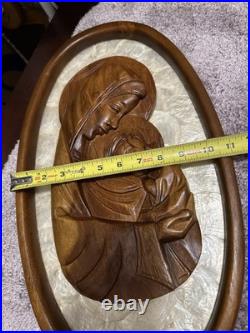 Virgin Mother Mary & Child Jesus Sculpture Vintage Wood Wall Plaque