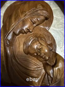 Virgin Mother Mary & Child Jesus Sculpture Vintage Wood Wall Plaque