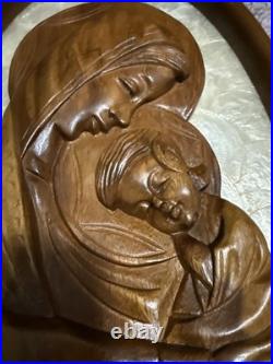 Virgin Mother Mary & Child Jesus Sculpture Vintage Wood Wall Plaque