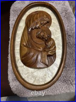 Virgin Mother Mary & Child Jesus Sculpture Vintage Wood Wall Plaque