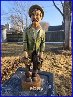 Vtg 16 1/2 Hand Carved Wood Statue Sculpture Drunk German Man Carrying Shoes