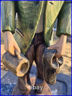 Vtg 16 1/2 Hand Carved Wood Statue Sculpture Drunk German Man Carrying Shoes