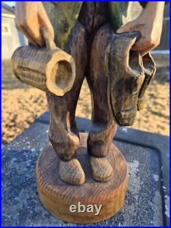 Vtg 16 1/2 Hand Carved Wood Statue Sculpture Drunk German Man Carrying Shoes