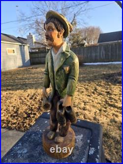Vtg 16 1/2 Hand Carved Wood Statue Sculpture Drunk German Man Carrying Shoes