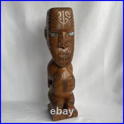 Vtg 17.5 Signed Stuart Pyne NZ Maori Tekoteko Wood Carving Paua Eyes Teko Tiki