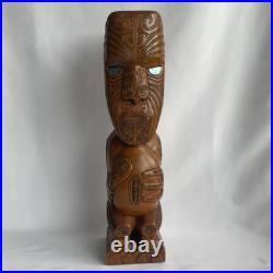 Vtg 17.5 Signed Stuart Pyne NZ Maori Tekoteko Wood Carving Paua Eyes Teko Tiki