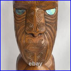 Vtg 17.5 Signed Stuart Pyne NZ Maori Tekoteko Wood Carving Paua Eyes Teko Tiki