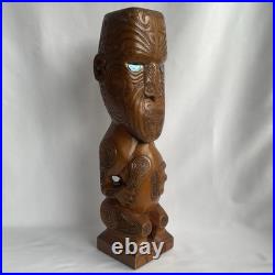Vtg 17.5 Signed Stuart Pyne NZ Maori Tekoteko Wood Carving Paua Eyes Teko Tiki