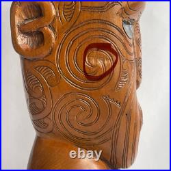 Vtg 17.5 Signed Stuart Pyne NZ Maori Tekoteko Wood Carving Paua Eyes Teko Tiki