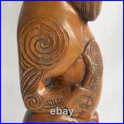 Vtg 17.5 Signed Stuart Pyne NZ Maori Tekoteko Wood Carving Paua Eyes Teko Tiki