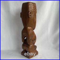 Vtg 17.5 Signed Stuart Pyne NZ Maori Tekoteko Wood Carving Paua Eyes Teko Tiki