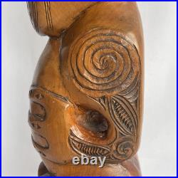 Vtg 17.5 Signed Stuart Pyne NZ Maori Tekoteko Wood Carving Paua Eyes Teko Tiki