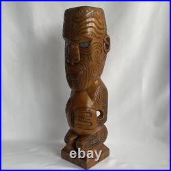 Vtg 17.5 Signed Stuart Pyne NZ Maori Tekoteko Wood Carving Paua Eyes Teko Tiki