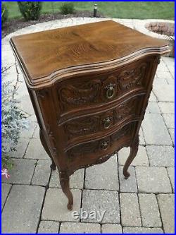 Vtg. 1930's Night Stand French Provincial 3 Drawer Side Table Hand Carving