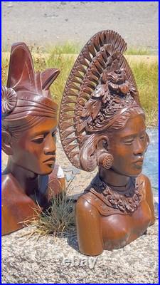 Vtg 1930s Bali Teak Wood Busts 12 Pair Hand-Carved Balinese Sculpture Man Woman
