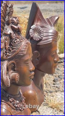 Vtg 1930s Bali Teak Wood Busts 12 Pair Hand-Carved Balinese Sculpture Man Woman