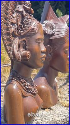 Vtg 1930s Bali Teak Wood Busts 12 Pair Hand-Carved Balinese Sculpture Man Woman