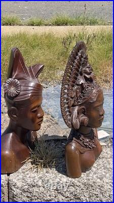 Vtg 1930s Bali Teak Wood Busts 12 Pair Hand-Carved Balinese Sculpture Man Woman