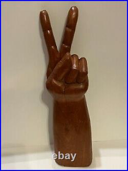 Vtg 1960s Huge 20 Hand Carved Wood Peace Sign 2 Fingers Hippy Icon Sculpture