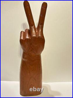 Vtg 1960s Huge 20 Hand Carved Wood Peace Sign 2 Fingers Hippy Icon Sculpture