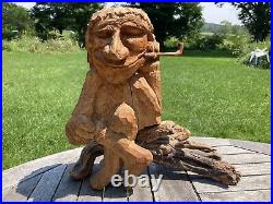 Vtg 1980 Folk Art Wood Whittling Sculpture Man Indian Smoking Pipe NYS Signed