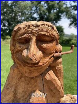 Vtg 1980 Folk Art Wood Whittling Sculpture Man Indian Smoking Pipe NYS Signed