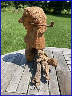 Vtg 1980 Folk Art Wood Whittling Sculpture Man Indian Smoking Pipe NYS Signed