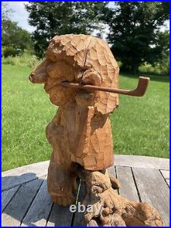 Vtg 1980 Folk Art Wood Whittling Sculpture Man Indian Smoking Pipe NYS Signed