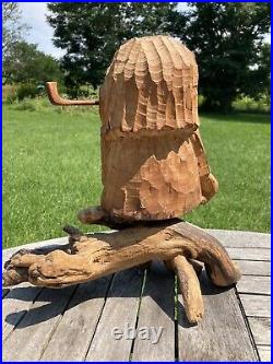 Vtg 1980 Folk Art Wood Whittling Sculpture Man Indian Smoking Pipe NYS Signed