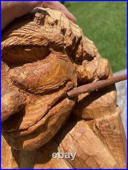 Vtg 1980 Folk Art Wood Whittling Sculpture Man Indian Smoking Pipe NYS Signed