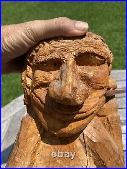 Vtg 1980 Folk Art Wood Whittling Sculpture Man Indian Smoking Pipe NYS Signed