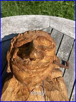 Vtg 1980 Folk Art Wood Whittling Sculpture Man Indian Smoking Pipe NYS Signed