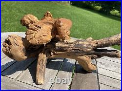 Vtg 1980 Folk Art Wood Whittling Sculpture Man Indian Smoking Pipe NYS Signed