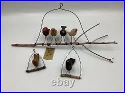 Vtg. 3 Pc. Pholk Folk Art Wood Hand Carved Paint Bird -n- Tree By Maurice Dallas