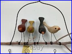 Vtg. 3 Pc. Pholk Folk Art Wood Hand Carved Paint Bird -n- Tree By Maurice Dallas