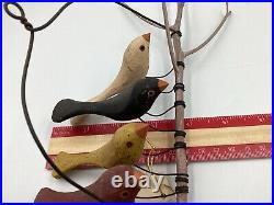 Vtg. 3 Pc. Pholk Folk Art Wood Hand Carved Paint Bird -n- Tree By Maurice Dallas