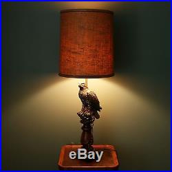 Vtg 38 Falcon Tethered Chain Bird Brass & Wood Table Lamp Sculpture Light