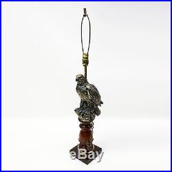 Vtg 38 Falcon Tethered Chain Bird Brass & Wood Table Lamp Sculpture Light