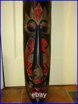 Vtg 59.5 Tall Wood Face Wall Hanging Mask Eclectic Boho Art Deco Tiki Tribal