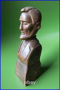 Vtg Antique American Folk Art Carved Wood memorial bust President Abe Lincoln