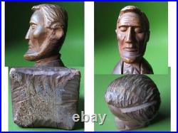 Vtg Antique American Folk Art Carved Wood memorial bust President Abe Lincoln