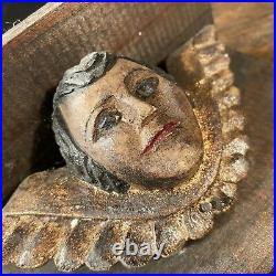 Vtg Antique Shelf Angel Cherub Head Wings Wood Hand Carved Sculpture Gold Gilded