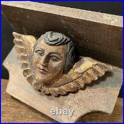 Vtg Antique Shelf Angel Cherub Head Wings Wood Hand Carved Sculpture Gold Gilded