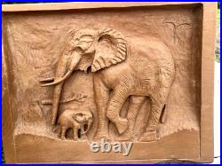 Vtg Artisan Elephant Wood Carving Naive Wall Hanging Plaque By Jean Obeirne