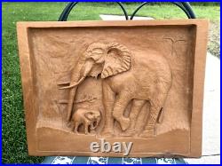 Vtg Artisan Elephant Wood Carving Naive Wall Hanging Plaque By Jean Obeirne