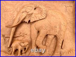 Vtg Artisan Elephant Wood Carving Naive Wall Hanging Plaque By Jean Obeirne